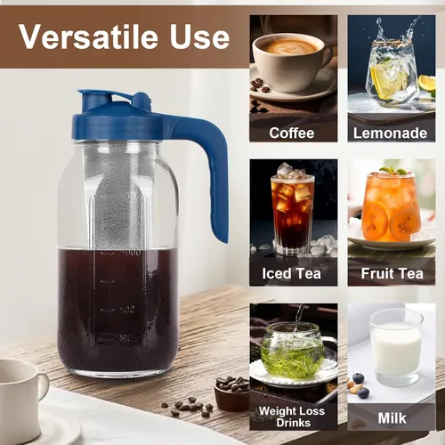 Miniatura 7 de Jarra para hacer café frío, Jarra de vidrio de Mason de 64 onzas de alta resistencia con asa de salida en forma de V y tapa, Filtro de acero Azul