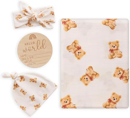 Miniatura 10 de BabyWhale Manta de muselina para envolver con sombrero y vincha con moño, juego de manta con estampado de animales para bebés niños y niñas, manta