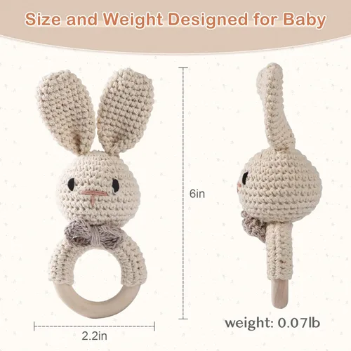 Miniatura 6 de Juguete de madera hecho a mano con sonajero de conejo de Pascua para bebés de 0 a 6 meses, animal de peluche orgánico para recién nacido