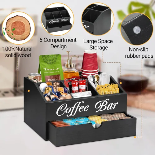 Miniatura 6 de Organizador de barra de café, accesorios de barra de madera con cajón, organizador de estación de café, cesta de almacenamiento, estación