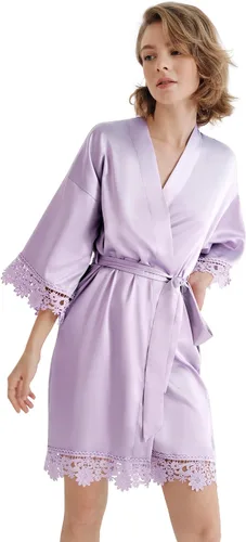 SIORO Bata de satén para mujer, bata de encaje tipo kimono de seda corta para dama de honor, boda, fiesta, camisón estampado, 2, mediano