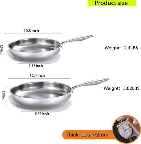 Miniatura 3 de DELARLO Sartén de acero inoxidable de tres capas de 10 pulgadas y 12 pulgadas, sartén apta para horno y de inducción, juego de ollas y sartenes
