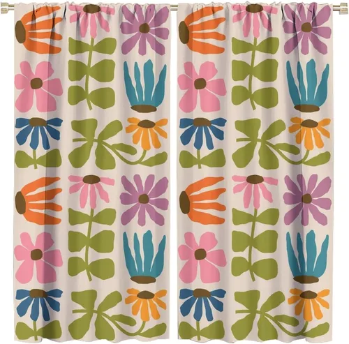 Cortinas opacas abstractas retro bohemias florales para ventana, 60S y 70S, estilo vintage, estilo bohemio, para sala de estar, dormitorio, 21