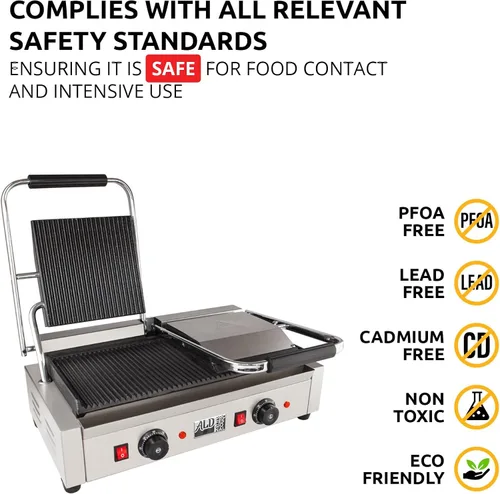 Miniatura 5 de ALDKitchen Prensa doble Panini Máquina para hacer sándwiches Placas acanaladas de hierro fundido Control ajustable Antiadherente 110 V