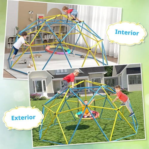 Miniatura 3 de Cúpula de escalada de 10 pies con columpio de arcoíris, gimnasio de jungla de metal antióxido para exteriores e interiores, equipo de juego