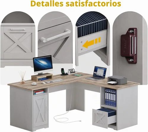 Miniatura 6 de DWVO Escritorio en forma de L con cajón de archivos, escritorio de esquina de 60 pulgadas con tomas de corriente, escritorio de oficina en casa
