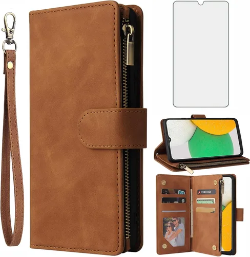 Asuwish Compatible con Samsung Galaxy A03 - Funda tipo cartera de vidrio templado con protector de pantalla y tapa de cuero, soporte para tarjetas,