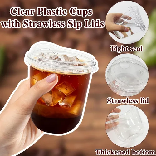Miniatura 3 de Paquete de 60 vasos de plástico transparente con tapas para sorber sin pajilla, vasos desechables de PET cristal de 12 onzas para café helado