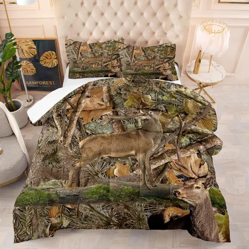 Miniatura 8 de NINENINE - Juego de edredón de ciervos camuflados - Tamaño individual, ropa de cama temática occidental de bosque con bandera americana para niños