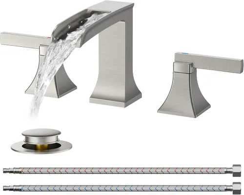 Miniatura 14 de FORIOUS Grifos cuadrados de baño de níquel cepillado y negro de 3 agujeros, cascada de 8 pulgadas, grifo de lavabo de baño con drenaje emergente