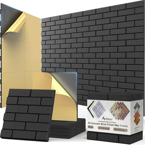 Miniatura 39 de Paquete de 12 paneles acústicos, paneles autoadhesivos con patrón de ladrillo 3D a prueba de sonido para paredes, paneles decorativos de pared