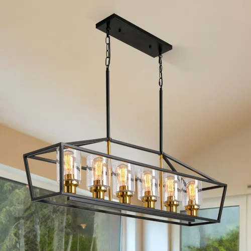 Miniatura 10 de Iluminación rústica de isla de cocina de granja, lámpara de 5 luces para comedor sobre mesa, lámpara de araña de madera rústica rectangular, lámpara