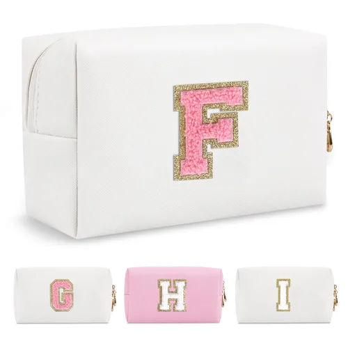 Miniatura 133 de Pequeña bolsa de maquillaje personalizada con inicial A-Z Preppy Patch, bolsa de cosméticos de viaje de felpilla blanca con cremallera, bonita bolsa