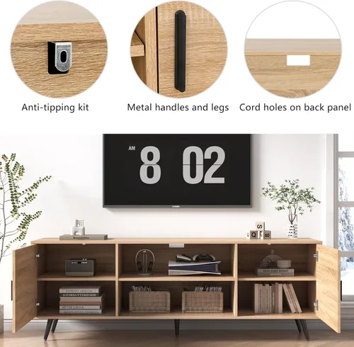 Miniatura 5 de Soporte de TV moderno de mediados de siglo, 70 pulgadas para TV de 75 pulgadas, madera con almacenamiento, centro de entretenimiento para sala