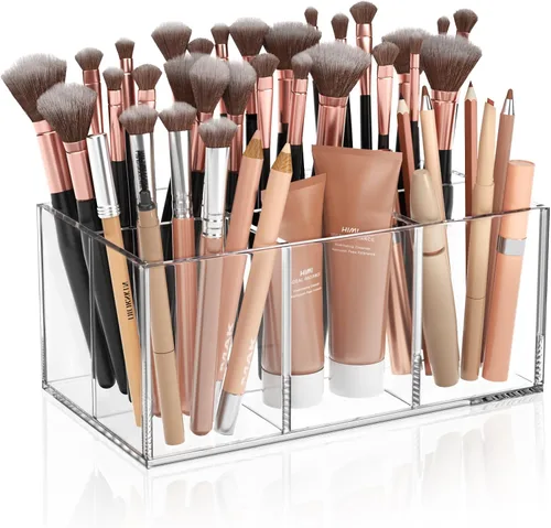 Miniatura 8 de HIIMIEI Organizador Portacepillos de Maquillaje Negro Acrílico de 6 Ranuras Organizador de Almacenamiento para Cepillos Cosméticos para Encimera