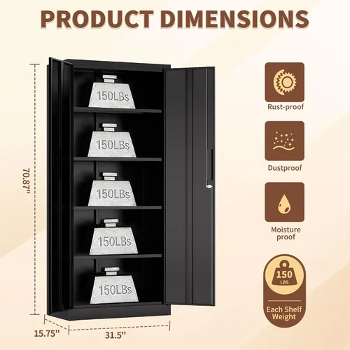 Miniatura 2 de Armario de almacenamiento de garaje de 71 pulgadas de alto con 2 puertas y 4 estantes ajustables, gabinete de almacenamiento de metal, armario