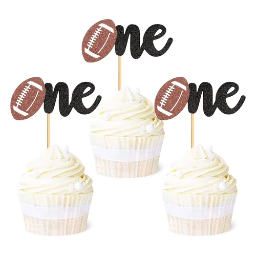 Miniatura 11 de Ercadio Paquete de 24 adornos para cupcakes de fútbol americano Oh Baby - Púas de rugby con purpurina negra para temática deportiva, baby shower