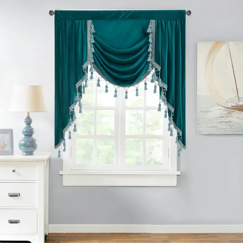 Miniatura 33 de StangH Cortinas decorativas de lujo, cenefa azul con bloqueo de luz, cenefa festoneada para ventana pequeña con bolsillo sólido para barra, cortina