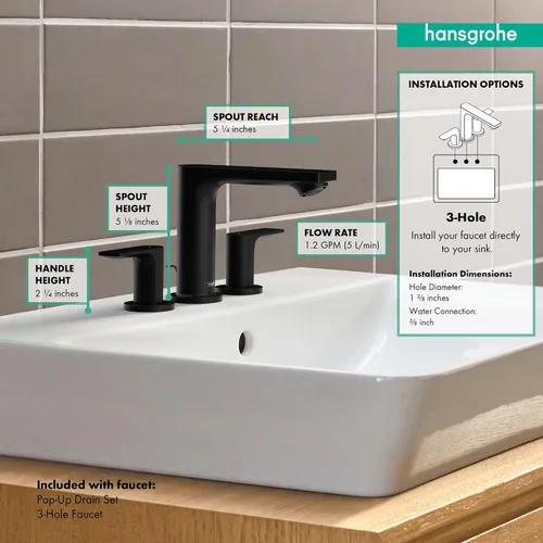 Miniatura 5 de Hansgrohe Rebris E 72532001 - Grifo de lavabo de baño contemporáneo con 2 manijas y 3 agujeros y 5 pulgadas de alto, cromado, 72532001