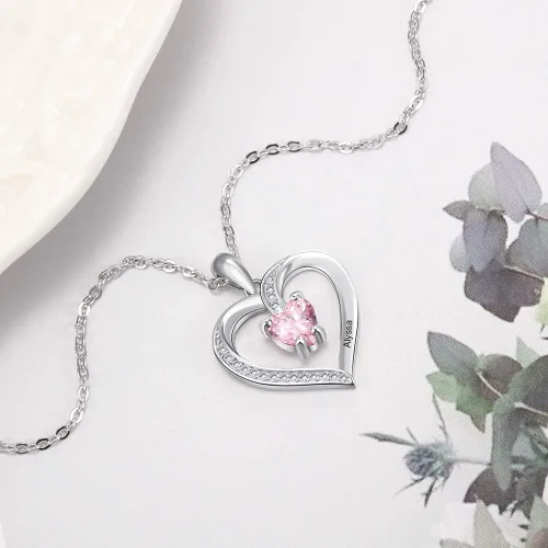 Miniatura 5 de Collares con colgante de corazón de amor para mujer, hechos con piedra natal de imitación, joyería de compromiso personalizada para ella
