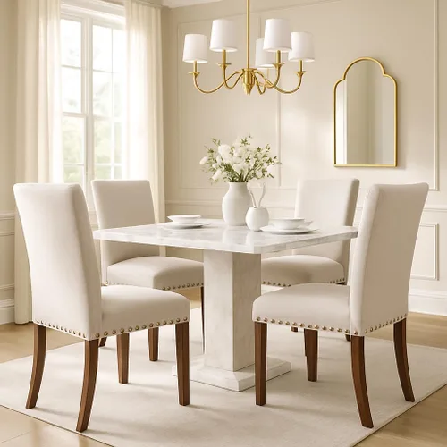 Miniatura 10 de Juego de 2 sillas tapizadas color beige para comedor – Sillas de cocina estilo granja con respaldo alto, patas de caucho sólido, asiento de espuma
