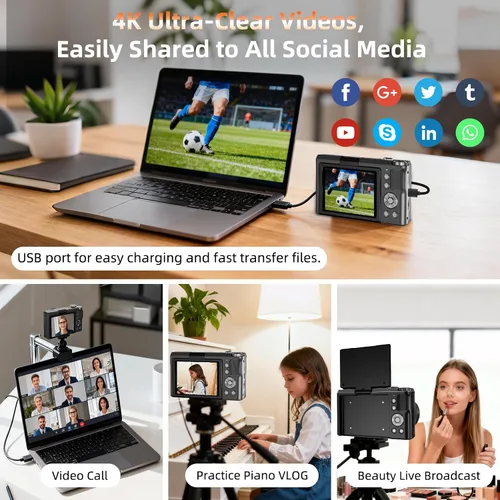 Miniatura 6 de Cámara digital 4K para fotografía, cámara de enfoque automático de 56 MP con pantalla abatible de 180° de 3 pulgadas, cámara compacta de viaje