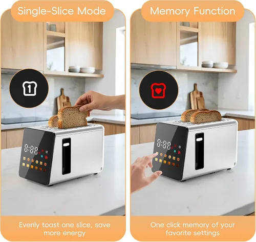 Miniatura 4 de WUNLY - Tostadora de 2 rebanadas con control táctil inteligente completo, función de memoria, tecnología de una sola ranura, 6 niveles de sombra y 6