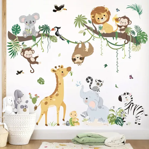 decalmile Calcomanías de Pared de Rama de Árbol de Animales de la Selva Safari Mono Jirafa León Pegatinas de Pared Guardería Habitación de Niños
