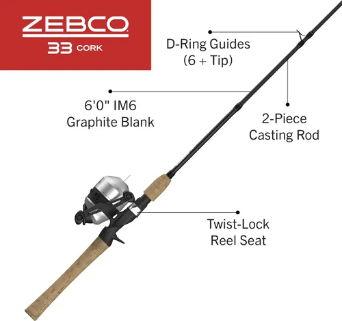 Miniatura 2 de Zebco 33 Combo de Carrete y Caña de Pescar con Corcho, Caña de Grafito con Mango de Corcho, Carrete de Pesca QuickSet Anti-Reversa con Alerta