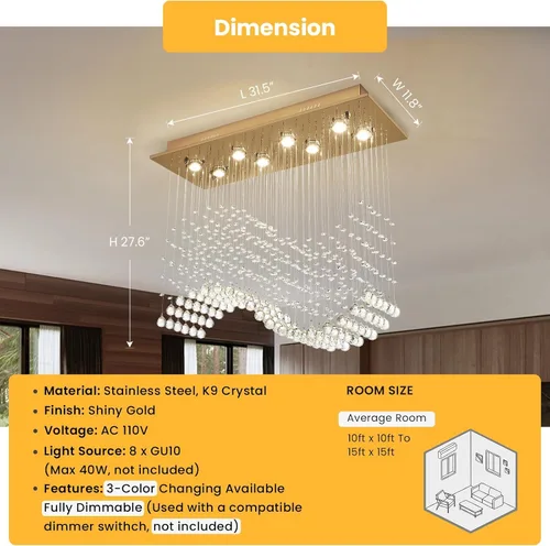 Miniatura 9 de Siljoy Candelabro de Cristal Rectangular Dorado para Comedor, 31.5'' Candelabro de Cristal Moderno con Gotas de Lluvia Onduladas, Lámpara Colgante