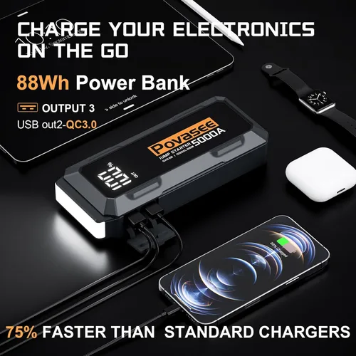 Miniatura 4 de Arrancador de 5000 A Povasee A40 Arrancador de Batería de Coche, Paquete de Energía Portátil de 12 V para Todos los Motores de Gasolina y Diésel