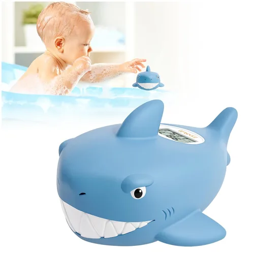 Miniatura 8 de b&h Termómetro de baño para bebé, termómetro de tiburón para monitoreo de temperatura del agua, lector digital de agua y temperatura ambiente, Azul