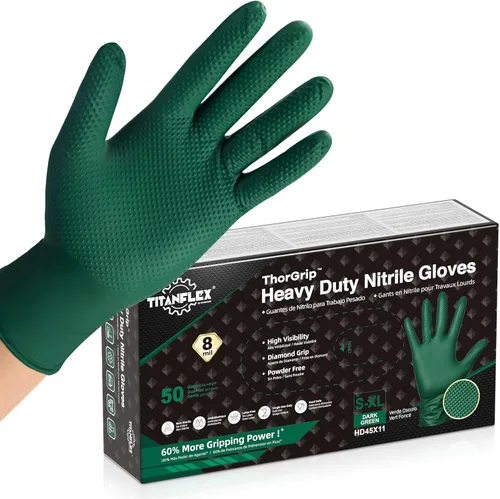 Miniatura 8 de TitanFlex Heavy Duty Industrial Nitrile Gloves with Raised Diamond Texture, 8-mil, Latex Free (Green/Dark Green/Yellow)