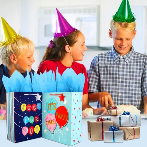 Miniatura 2 de Bolsas de regalo grandes, bolsa de regalo de cumpleaños para niños, adolescentes, niños, hombres, bolsas de regalo azules con papel de seda, bolsas