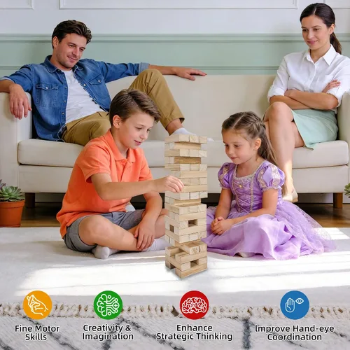 Miniatura 5 de Offelec Juegos de Bloques de Torre Tambaleante, Juego de Apilamiento de Bloques de Madera Grandes para Niños Adultos Familia, Juegos de Mesa