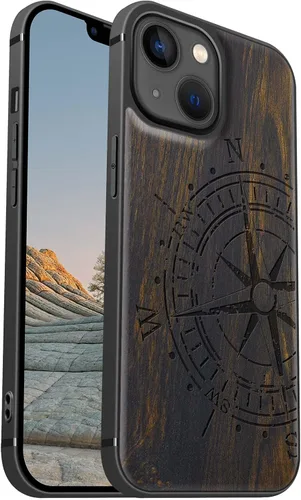 Miniatura 16 de Carveit Funda magnética de madera para iPhone 13 [madera real dura y TPU suave] Funda protectora híbrida de madera única y elegante a prueba