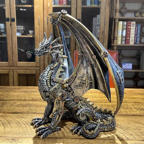 Miniatura 2 de Estatua de dragón steampunk gótica retro equipo mecánico sentado dragón de aspecto metálico, escultura de resina para el hogar, decoración de cuevas