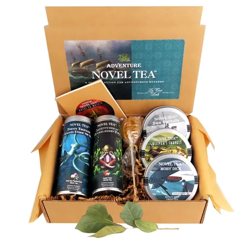 Noveltea Cesta de regalo de té literario de La Tea Dah, 5 tés gourmet, agitador de miel y diario, regalos para escritores y lectores, juego de