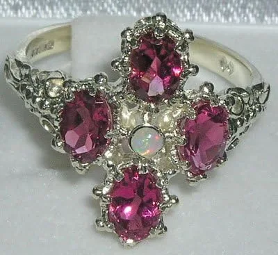 Miniatura 4 de Anillo de plata de ley 925 con ópalo auténtico y turmalina rosa para mujer