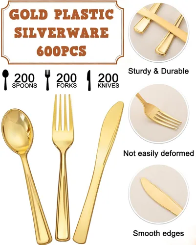 Miniatura 9 de bUCLA 600 cubiertos de plástico dorado – Utensilios dorados desechables – Juego de cubiertos de plástico resistente – 200 tenedores, 200 cucharas