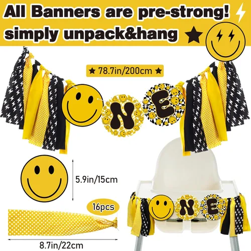 Miniatura 3 de Therwen Cartel para silla alta de One Happy Dude - Cartel de primer cumpleaños con cara de sonrisa y rayo, suministros de fiesta hippie para niños