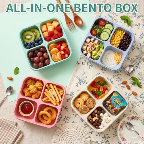 Miniatura 3 de buluker Juego de 4 Recipientes Bento para Aperitivos, Recipientes de Almacenamiento de Alimentos de 4 Compartimentos, Caja de Almuerzo de Paja