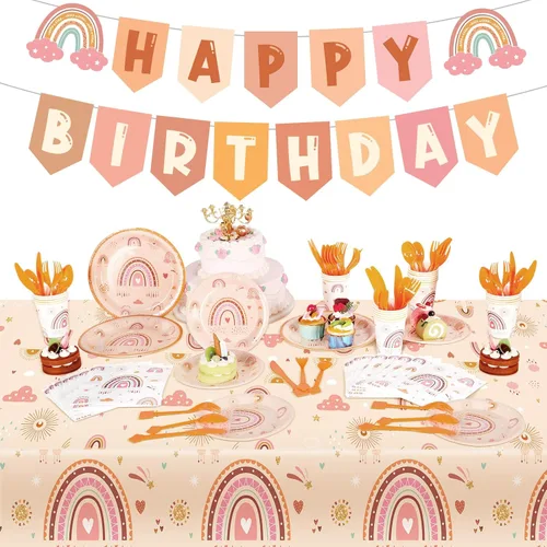 Buryeah 212 piezas de decoración de cumpleaños arcoíris arco iris, suministros para fiesta, incluye pancarta de feliz cumpleaños, platos de papel