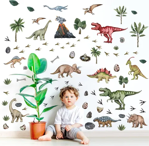 Miniatura 9 de Calcomanías de pared grandes de dinosaurio para despegar y pegar, calcomanías de pared de huellas de dinosaurio, hojas tropicales, palmeras
