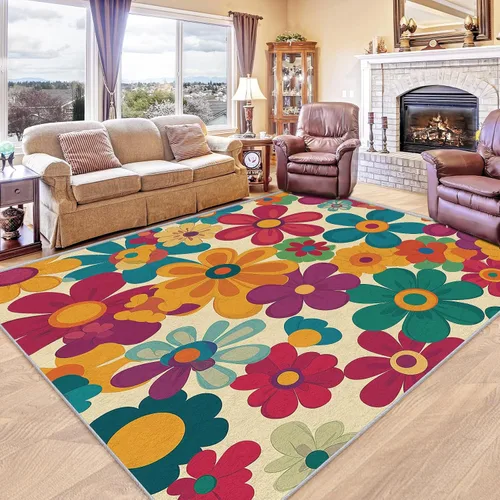 Miniatura 4 de Alfombra retro floral de 2 x 3 pulgadas, lavable de los años 60 y 70, alfombras hippie para entrada, dormitorio, cocina, alfombra de área de flores