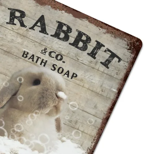 Miniatura 6 de Plato colgante de hierro vintage con diseño de conejo y jabón de baño de metal, letrero de lata de «Wash Your Paws», divertido letrero de conejo