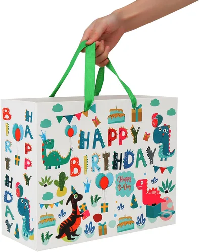 Miniatura 6 de Qirrmiy Juego de bolsas de regalo grandes de 13 pulgadas con tarjeta de felicitación y papel de seda (diseño de dinosaurio verde y feliz cumpleaños)