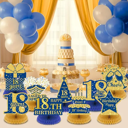 Miniatura 2 de 9 piezas de decoración de cumpleaños azul marino dorado 18 centros de mesa de panal para decoración de mesa, decoraciones de feliz cumpleaños 18