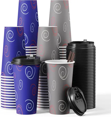 Miniatura 9 de TV TOPVALUE Paquete de 100 vasos de papel de 12 onzas, tazas de café desechables con tapas y pajitas para agua potable, té, utilizado para el hogar