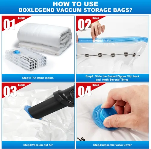 Miniatura 7 de BoxLegend Bolsas de almacenamiento al vacío con bomba de mano grande, 12 combinados (3 jumbo, 3 grandes, 3 medianas, 3 pequeñas) bolsas gruesas